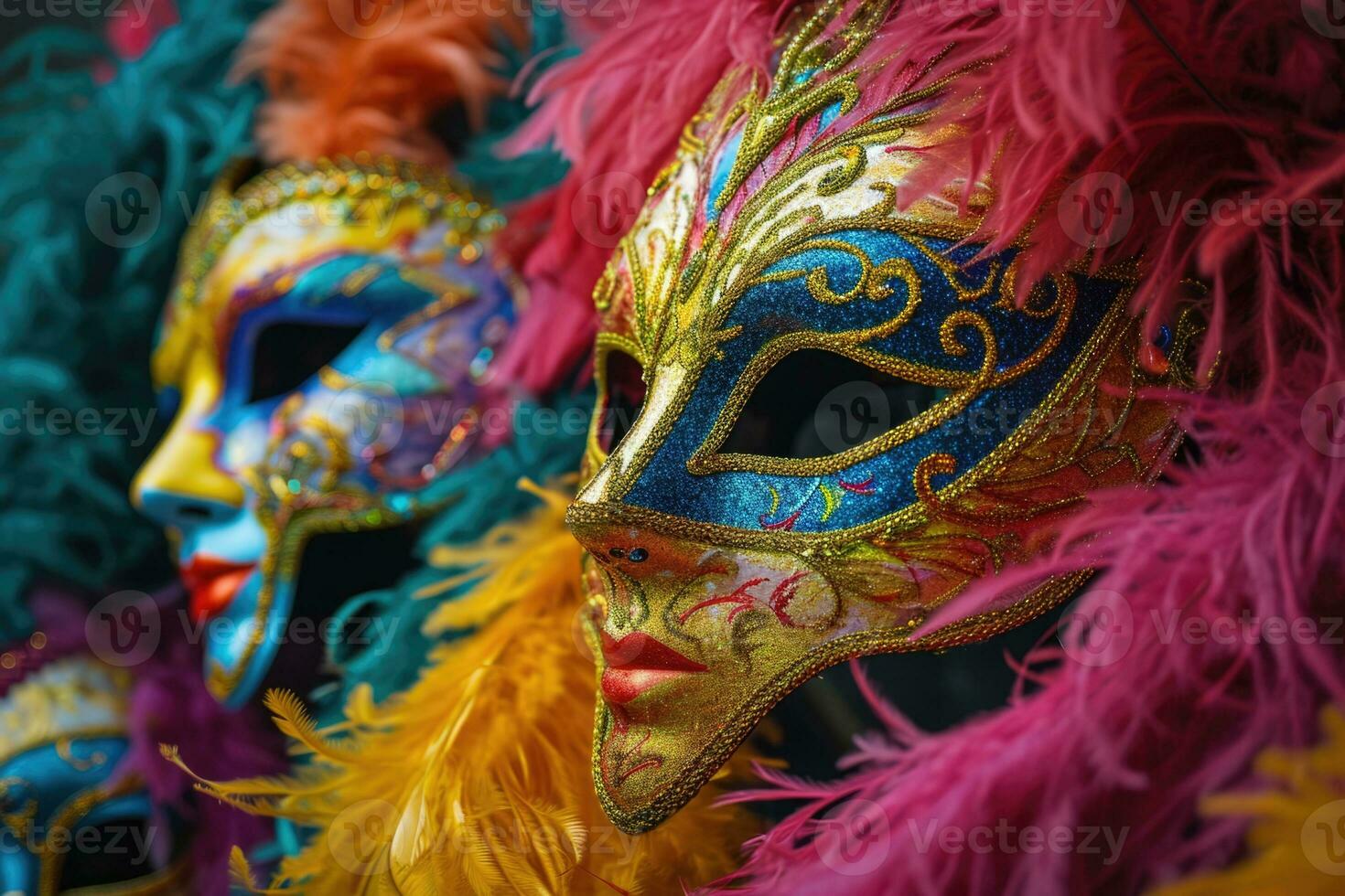 AI generated Mardi Gras Carnival Colorful Feathers and Masks in a Festive Celebration Cultural Extravaganza, Ornate Creating a Joyous, Festive Traditional Bring Life to a Holiday Celebration photo