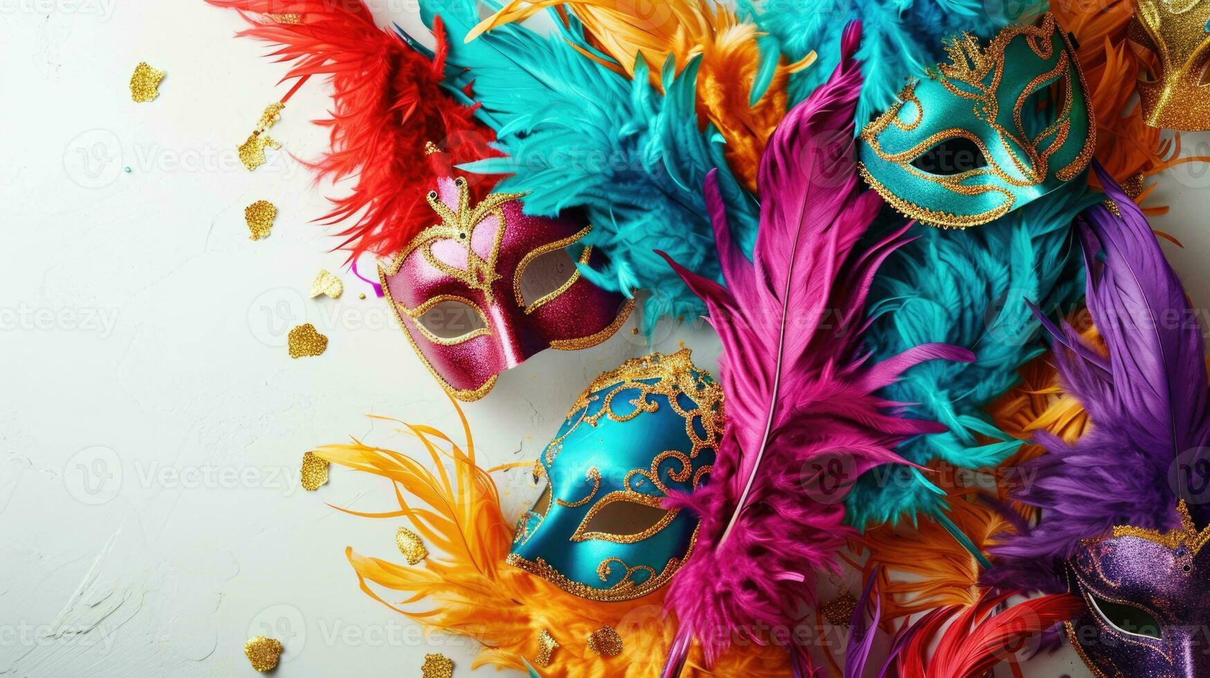 ai generado mardi gras carnaval vistoso plumas y mascaras en un festivo celebracion cultural extravagancia, florido creando un jubiloso, festivo tradicional traer vida a un celebracion, blanco antecedentes foto