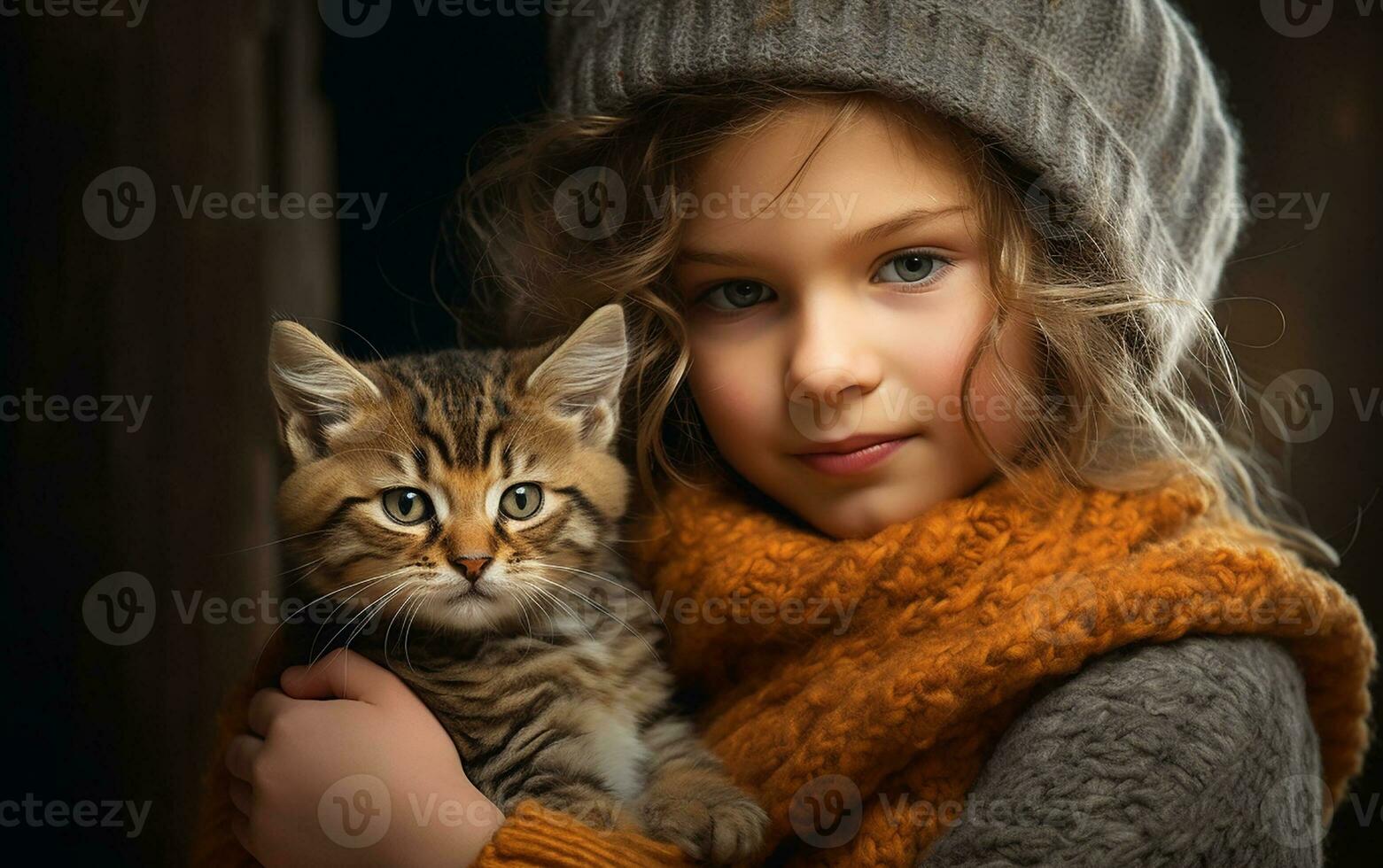 linda retrato de pequeño niña con su gatito foto