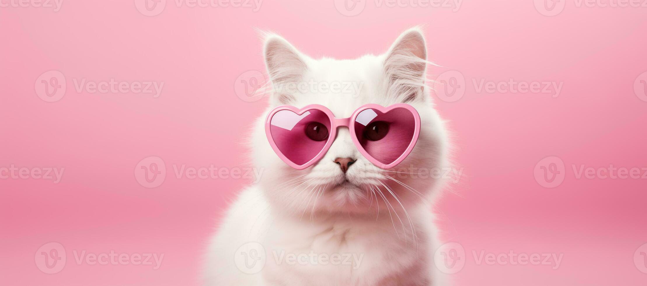 AI generated White cat in pink heart shaped glasses on pink background with place for text.Valentines day,anniversary, 8 march photo