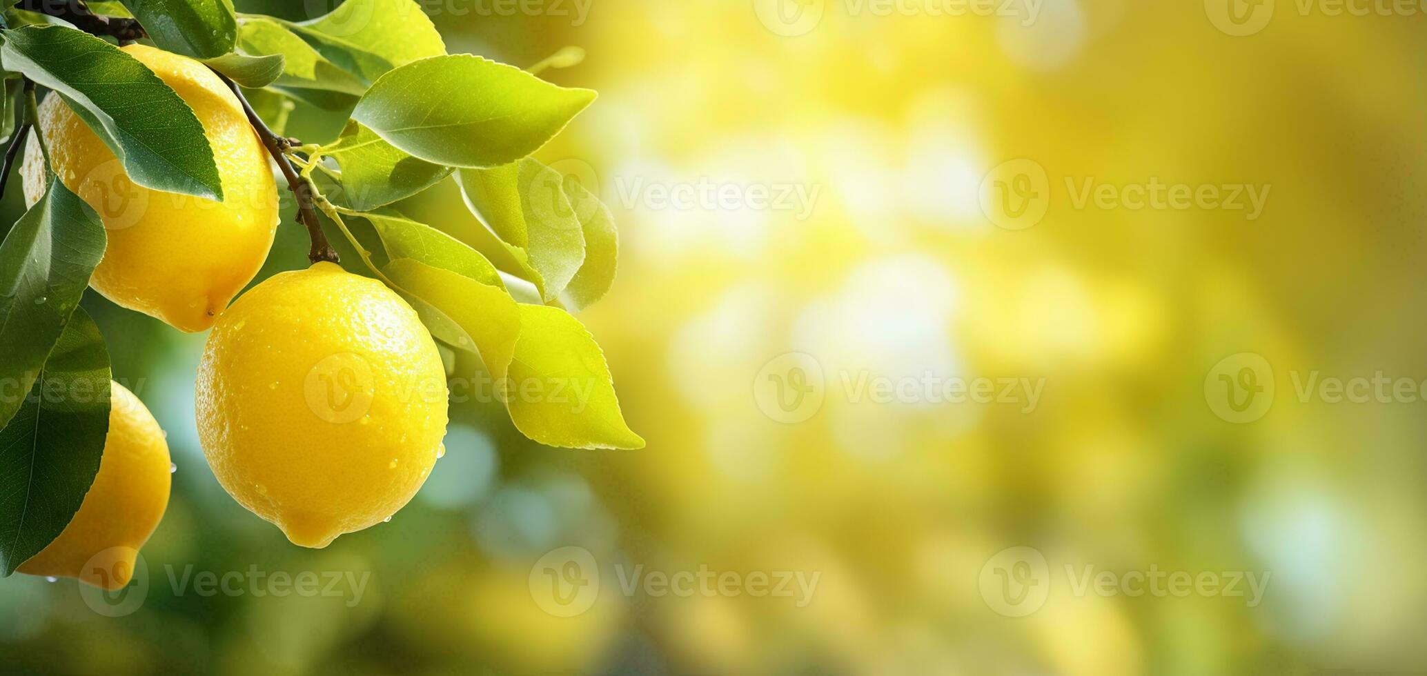 AI generated Copy space banner with ripe lemons on the branch in sunset sun photo