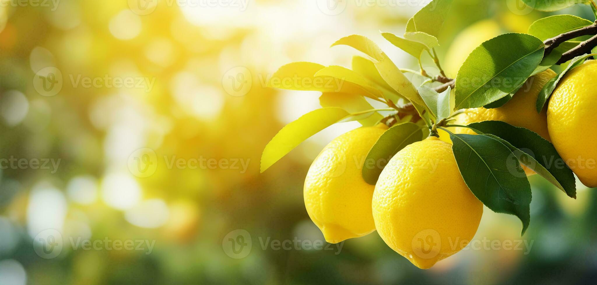 AI generated Copy space banner with organic ripe lemons on the branch in sunset sun photo