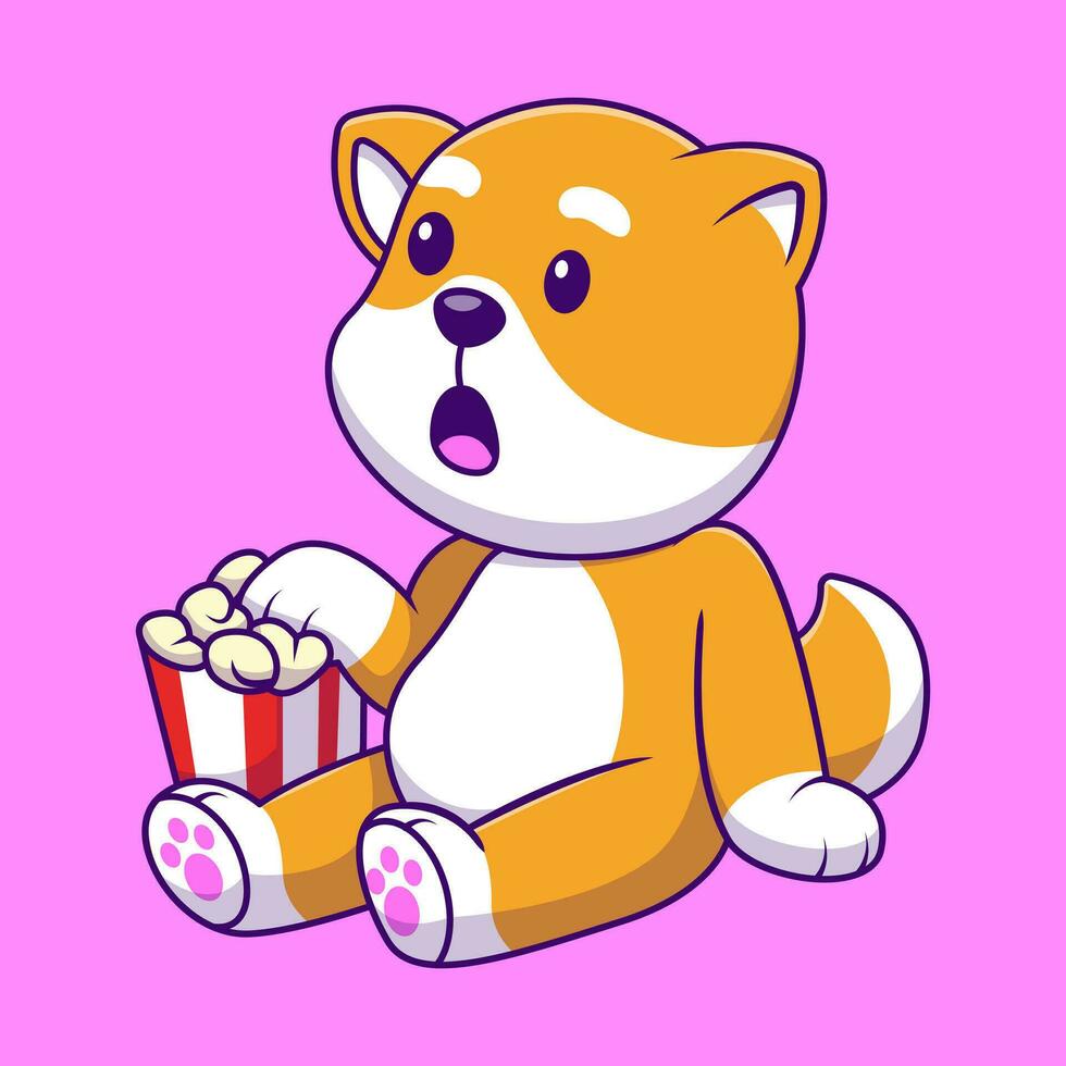 Cute Shiba Inu Eating Popcorn Cartoon Vector Icons Illustration. Flat Cartoon Concept. Suitable for any creative project.