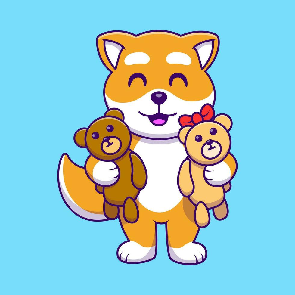 Cute Shiba Inu Holding Dolls Cartoon Vector Icons Illustration. Flat Cartoon Concept. Suitable for any creative project.