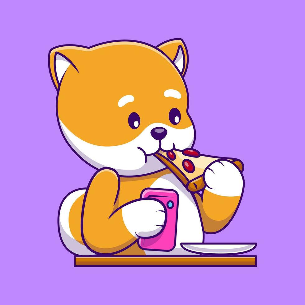 Cute Shiba Inu Eating Pizza On Phone Cartoon Vector Icons Illustration. Flat Cartoon Concept. Suitable for any creative project.