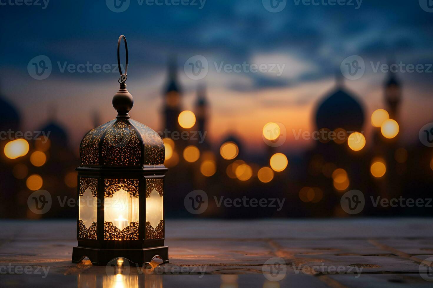 AI generated Islamic lantern on blurred mosque background, for ramadhan, eid al fitr and adha. copy space photo