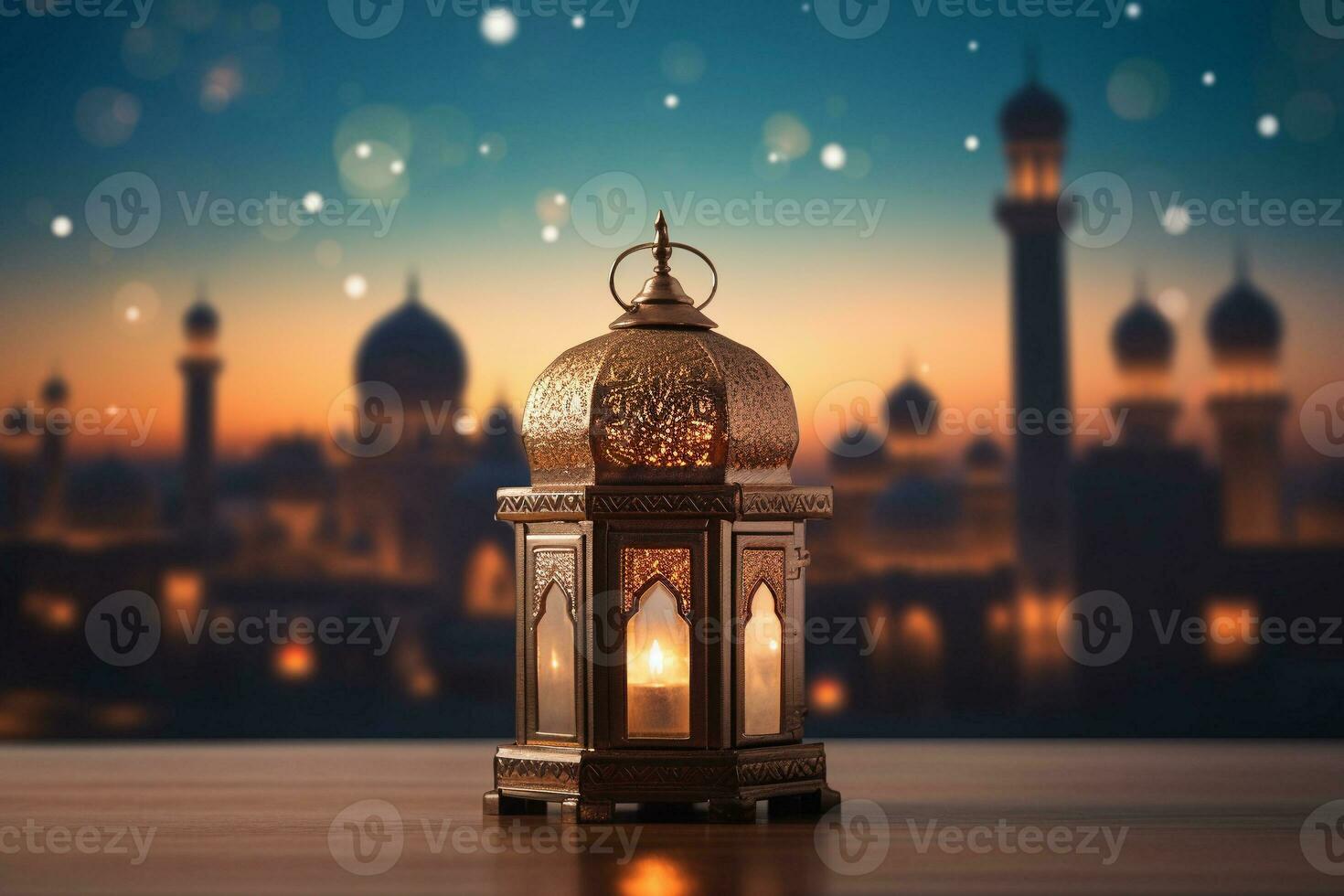 AI generated Islamic lantern on blurred mosque background, for ramadhan, eid al fitr and adha photo