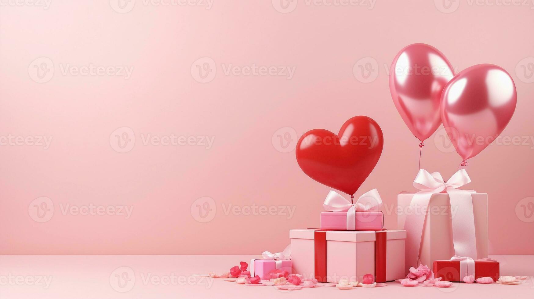 Happy valentines day with gift and love balloon on pink background, copy space photo