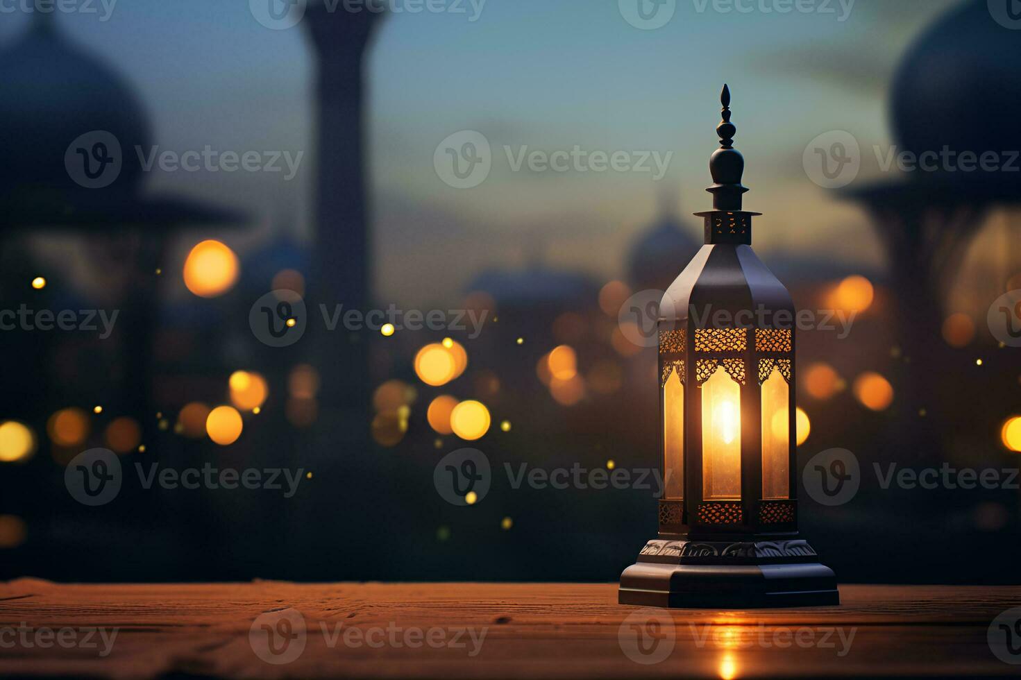 AI generated Islamic lantern on blurred mosque background, for ramadhan, eid al fitr and adha photo