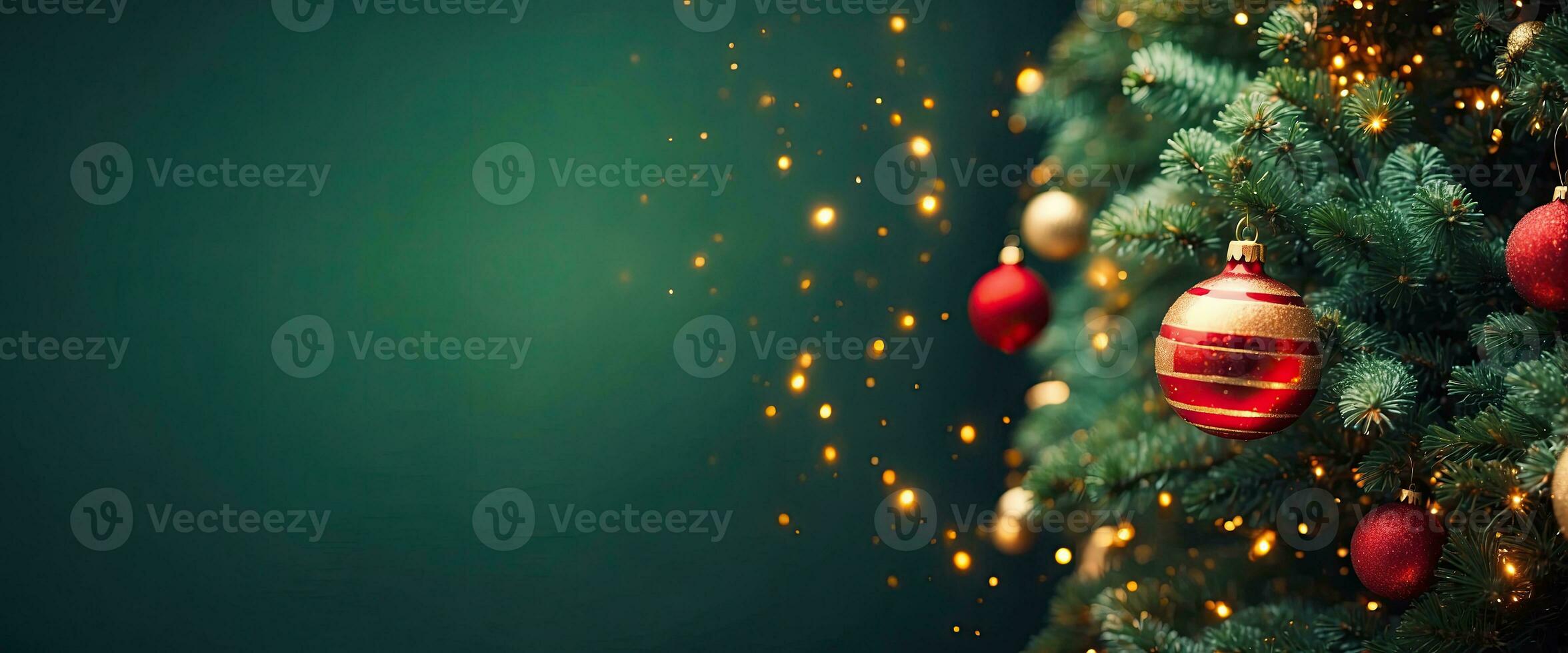 AI generated Christmas and New Year's Eve Background. Beautiful wide angle holiday template with a Christmas red ball on a fir tree and highlights. Panoramic classic header and web banner with space. photo