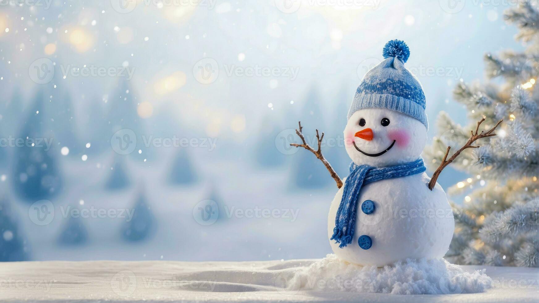 AI generated Happy snowman standing in the winter near the Christmas tree. Merry Christmas and Happy New Year greeting card with copy space. Snow blur background. Winter fairytale. photo