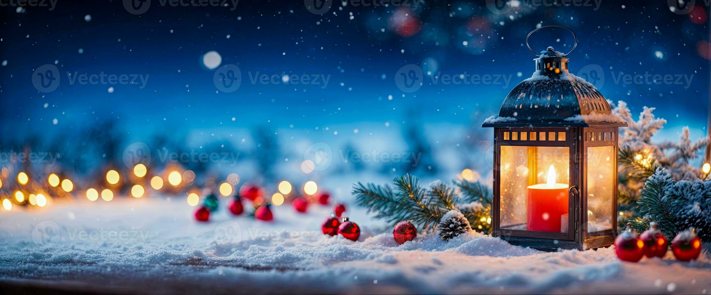 AI generated Christmas lantern with decoration on snow. Snowy candlelight and abstract defocused background. Winter decoration background. Christmas banner. Copy space. photo