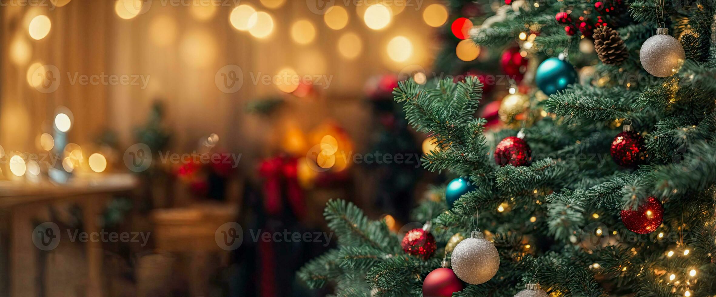 AI generated Christmas holiday background. Decorated Christmas tree on blurred background. Beautiful empty Christmas room. New Year Frame for your text. photo