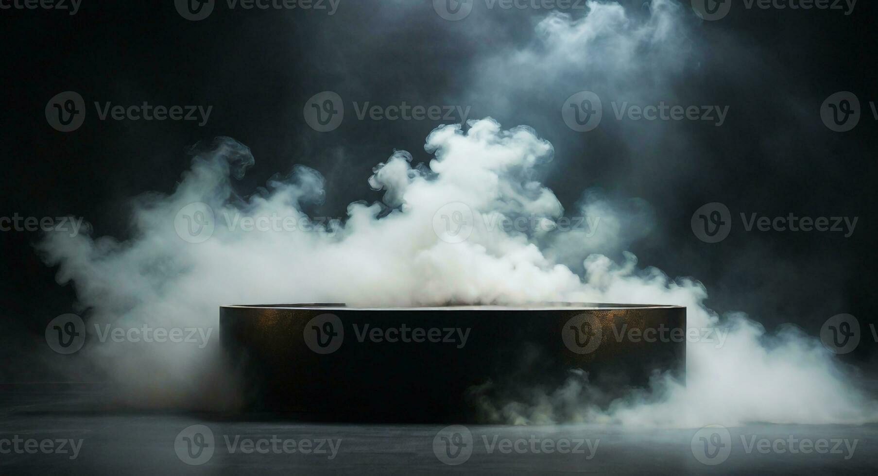 AI generated Round shape black marble podium  in dark room with smoke for mockup products display photo