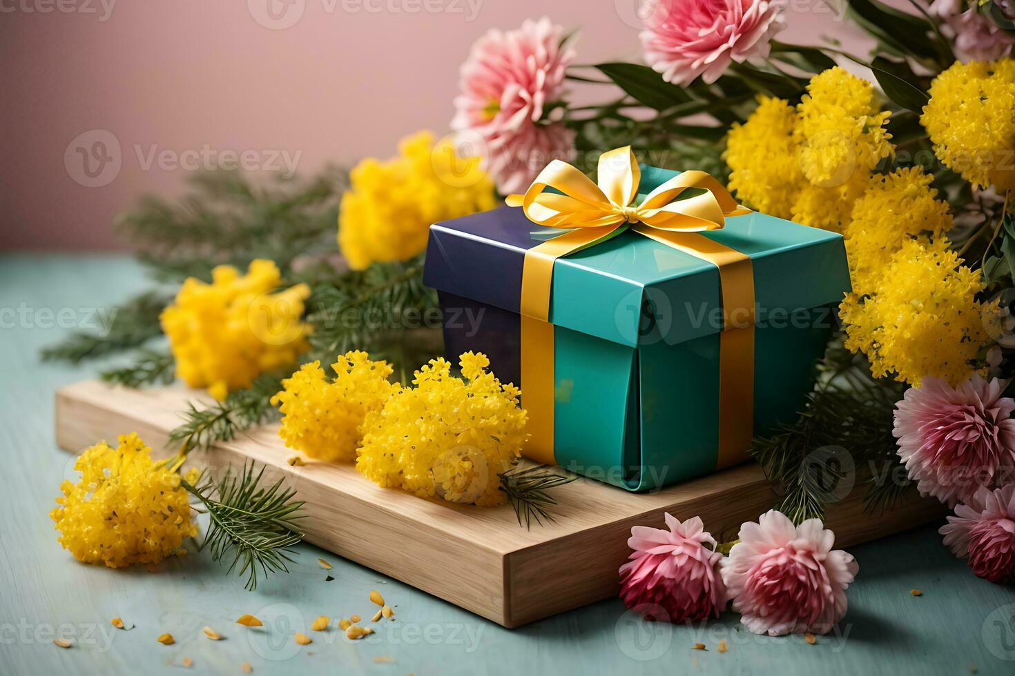 AI generated Gift box with a bouquet of mimosa. Vintage greeting card for International Women's Day, Mother's Day, Valentine's Day, Birthday photo