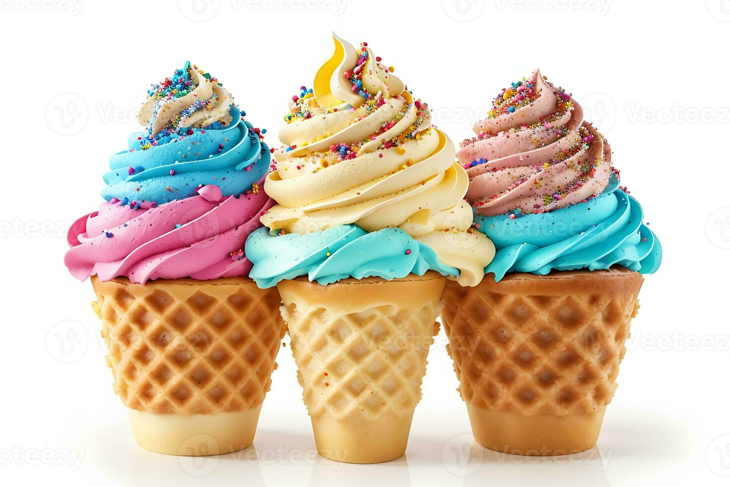 AI generated Various ice creams in waffle cups photo