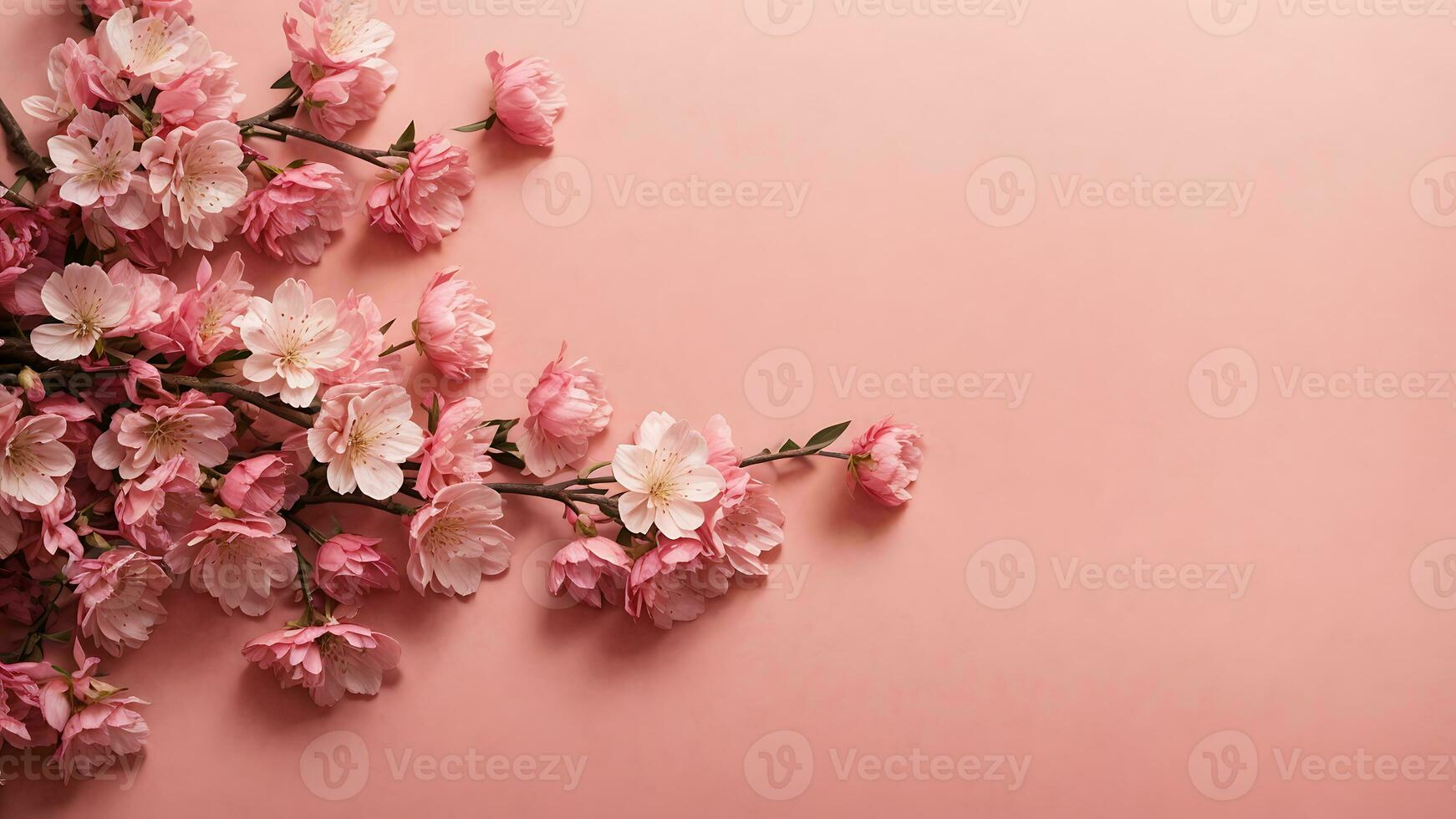 AI generated Banner with cherry blossom on light pink background. Greeting card template for Wedding, mothers or womans day. Springtime composition with copy space. Flat lay style photo