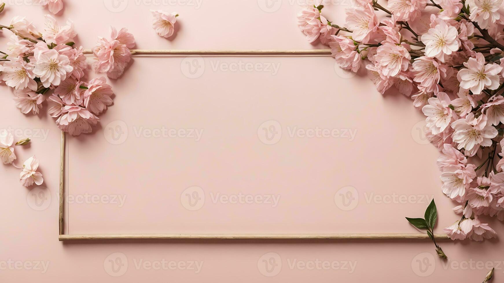 AI generated Banner with cherry blossom on light pink background. Greeting card template for Wedding, mothers or womans day. Springtime composition with copy space. Flat lay style photo