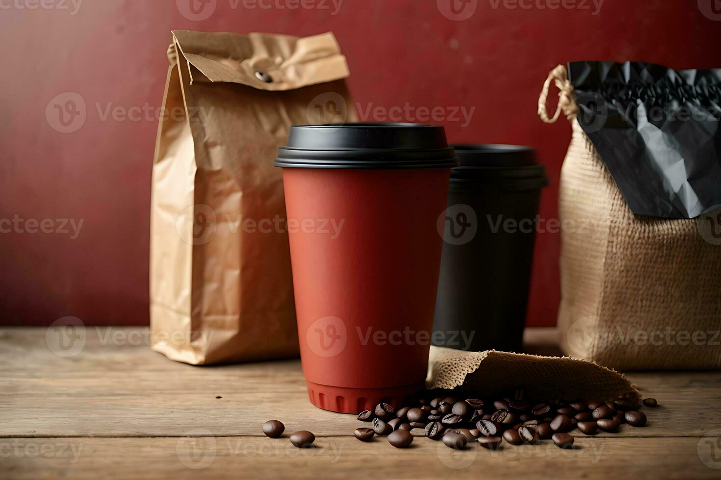 AI generated Disposable plastic cups with a lid and a paper bag with food. There are coffee beans nearby. Photo for mockup. Concept of takeaway food, street food