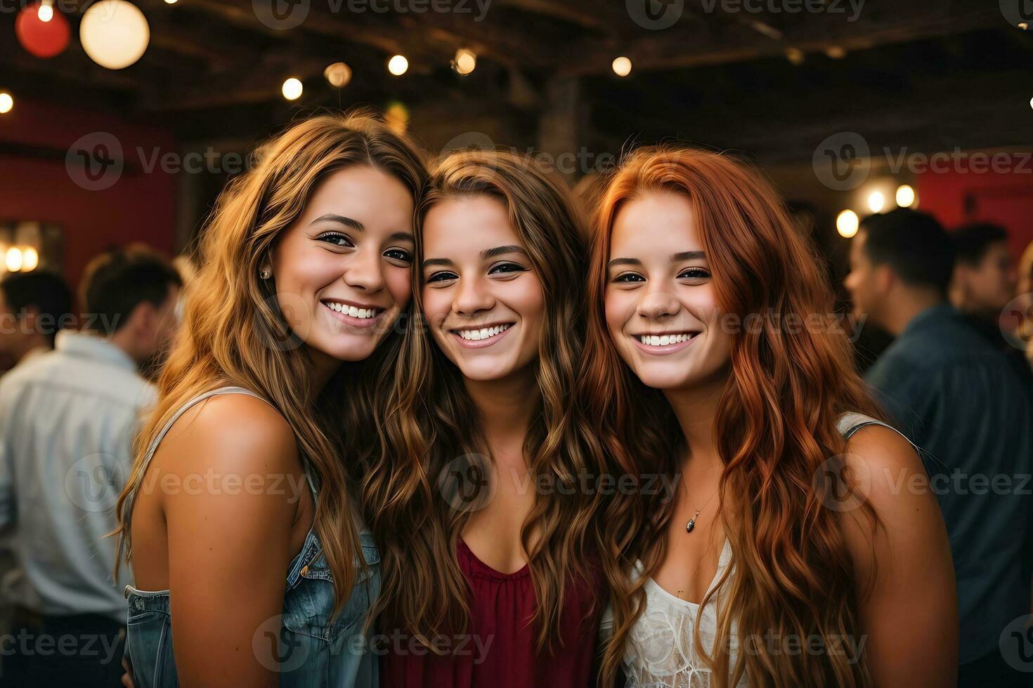 AI generated Three girlfriends are relaxing at a party. Young girls posing for a photo