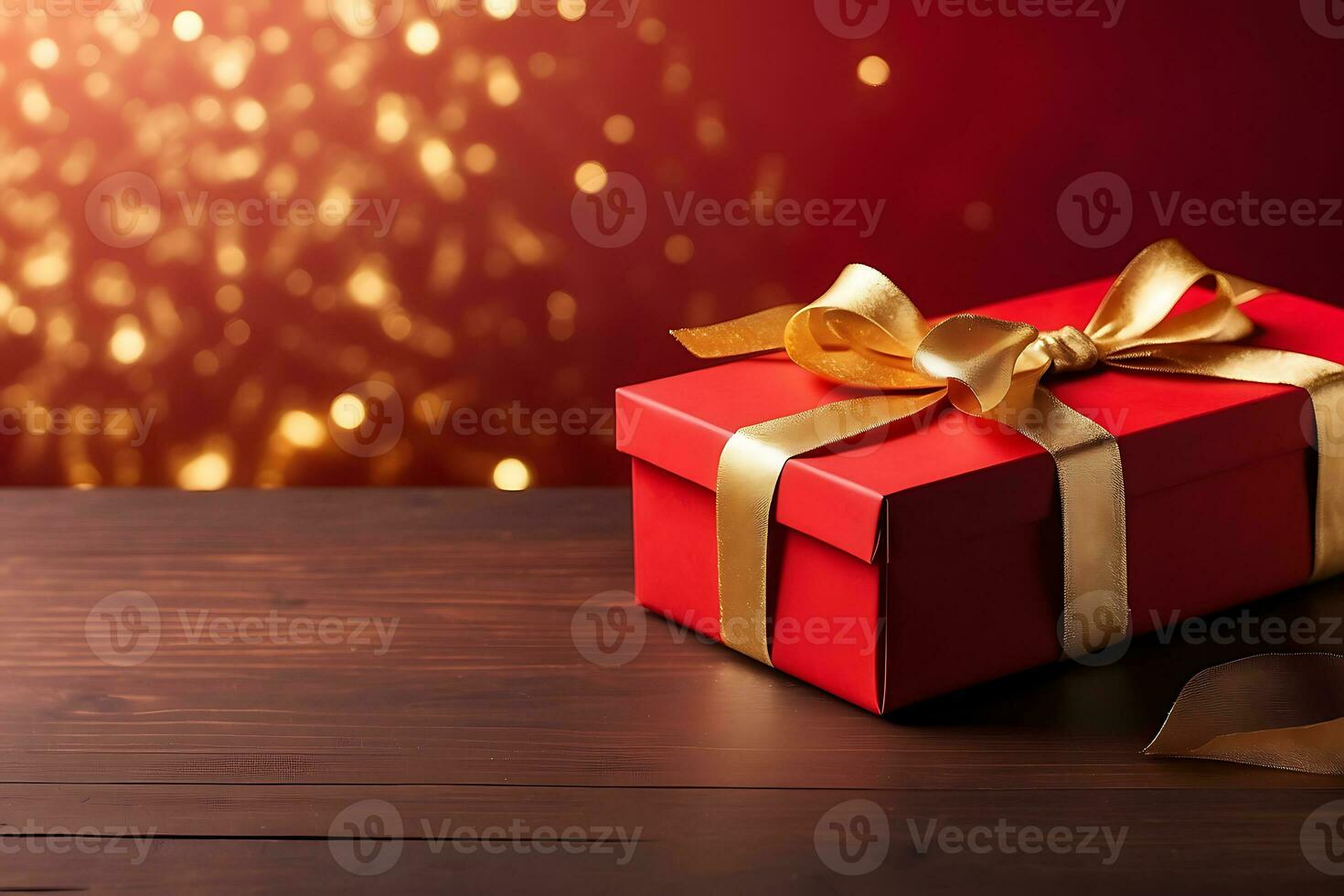 AI generated Elegant red gift box with golden ribbon on a red background with golden bokeh photo