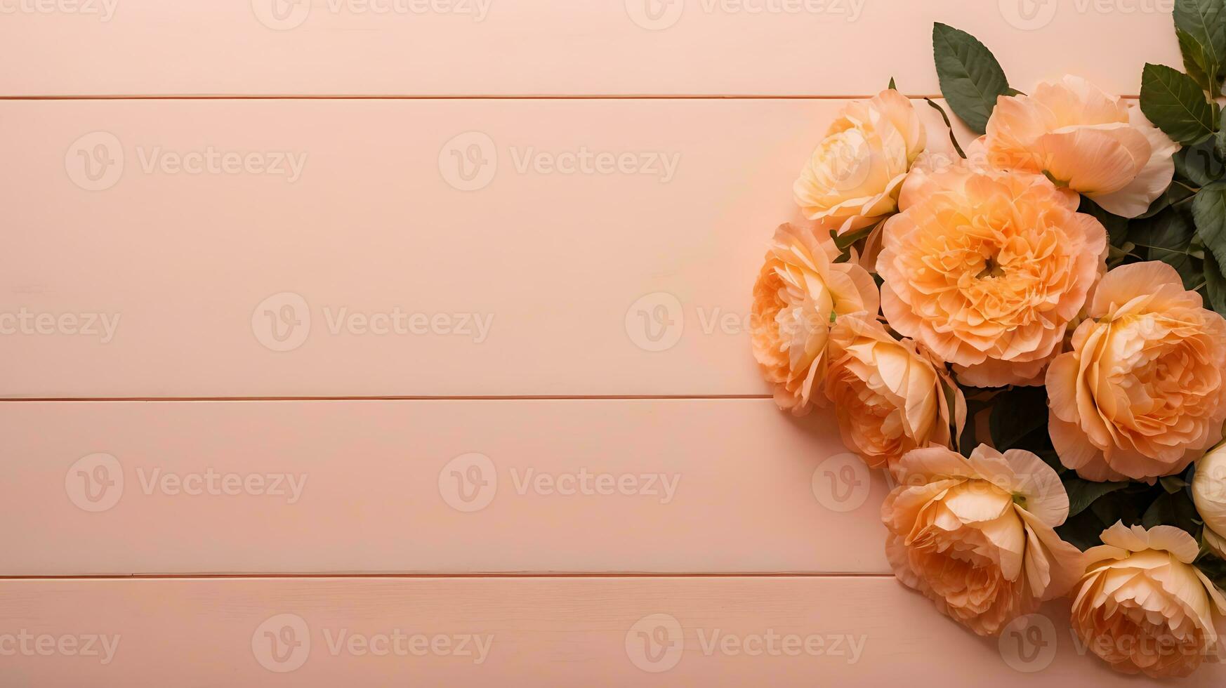 AI generated Delicate, versatile floral frame of peach roses on a light peach background. Composition with copy space. Flat lay photo