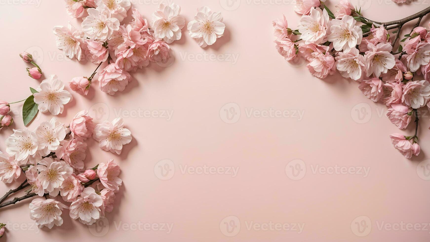 AI generated Banner with cherry blossom on light pink background. Greeting card template for Wedding, mothers or womans day. Springtime composition with copy space. Flat lay style photo