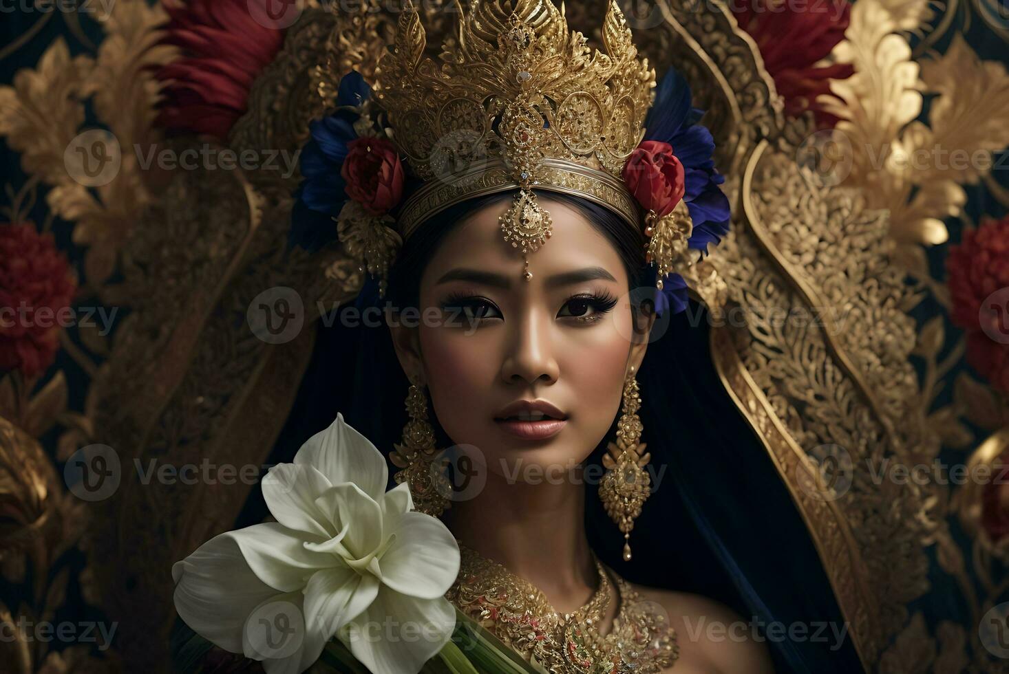 AI generated Beautiful royal Thai lady dressed in ornate traditional clothing and crown photo