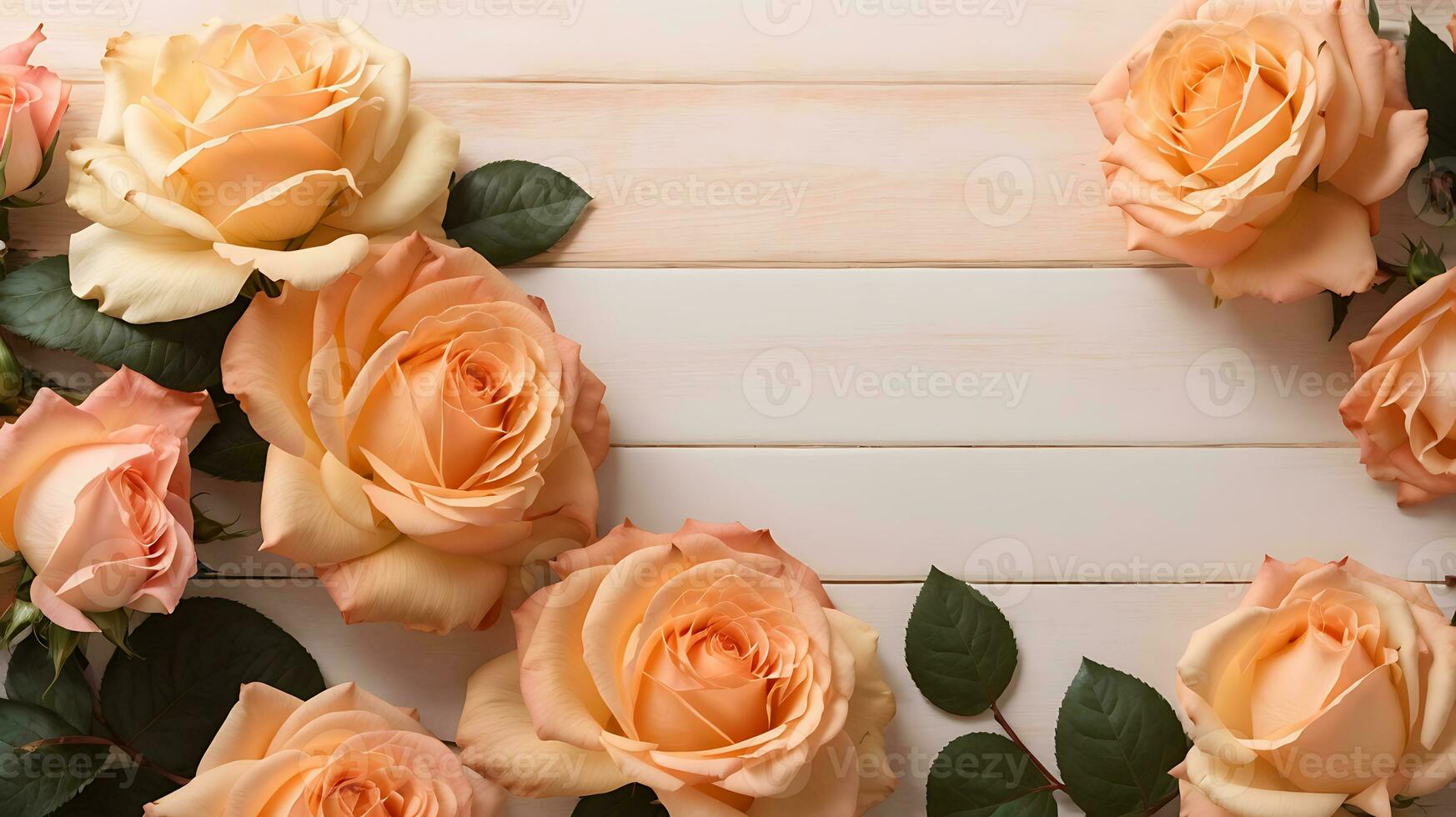 AI generated Delicate, versatile floral frame of peach roses on a light peach background. Composition with copy space. Flat lay photo