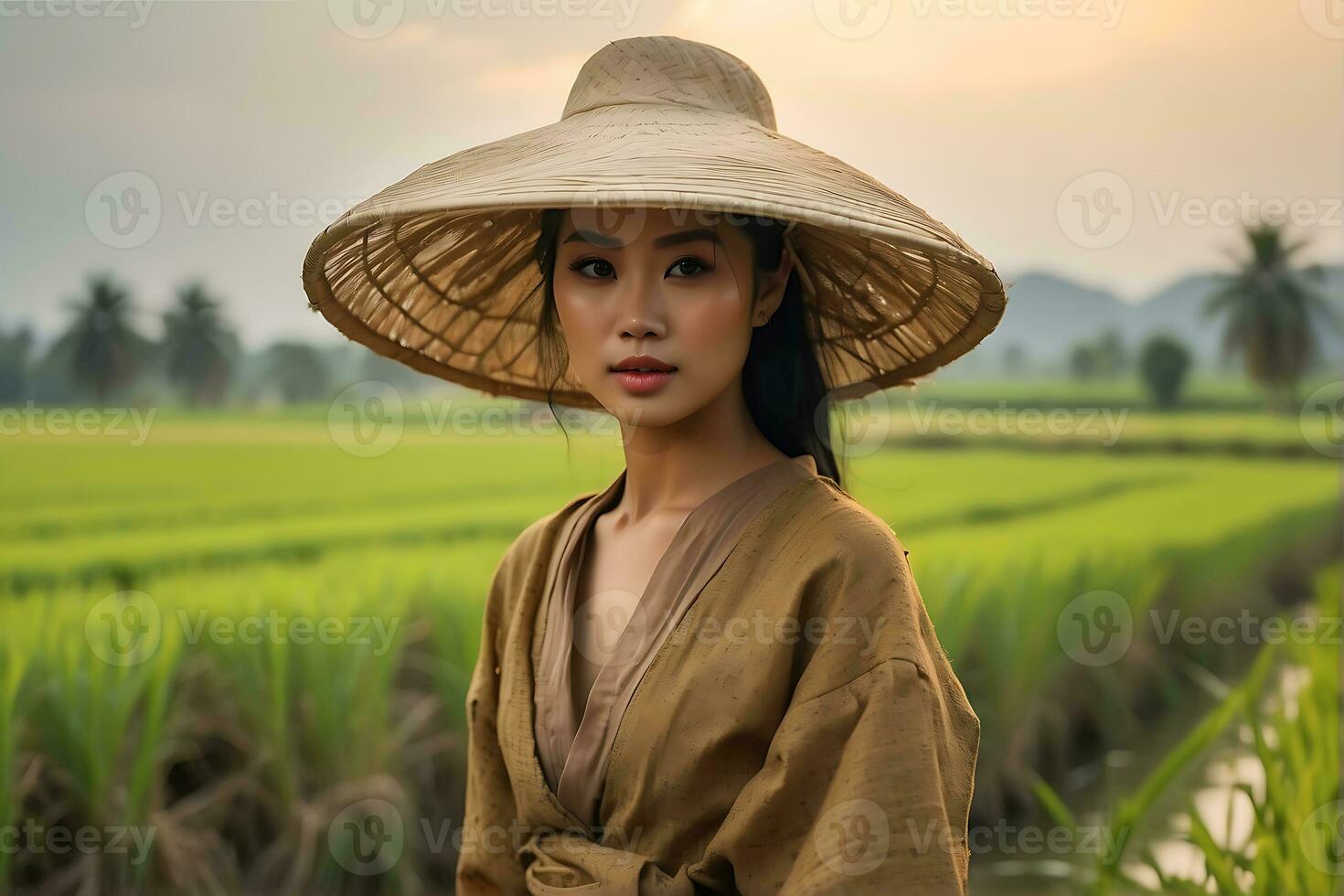 ai generado asiático mujer en arroz campo foto