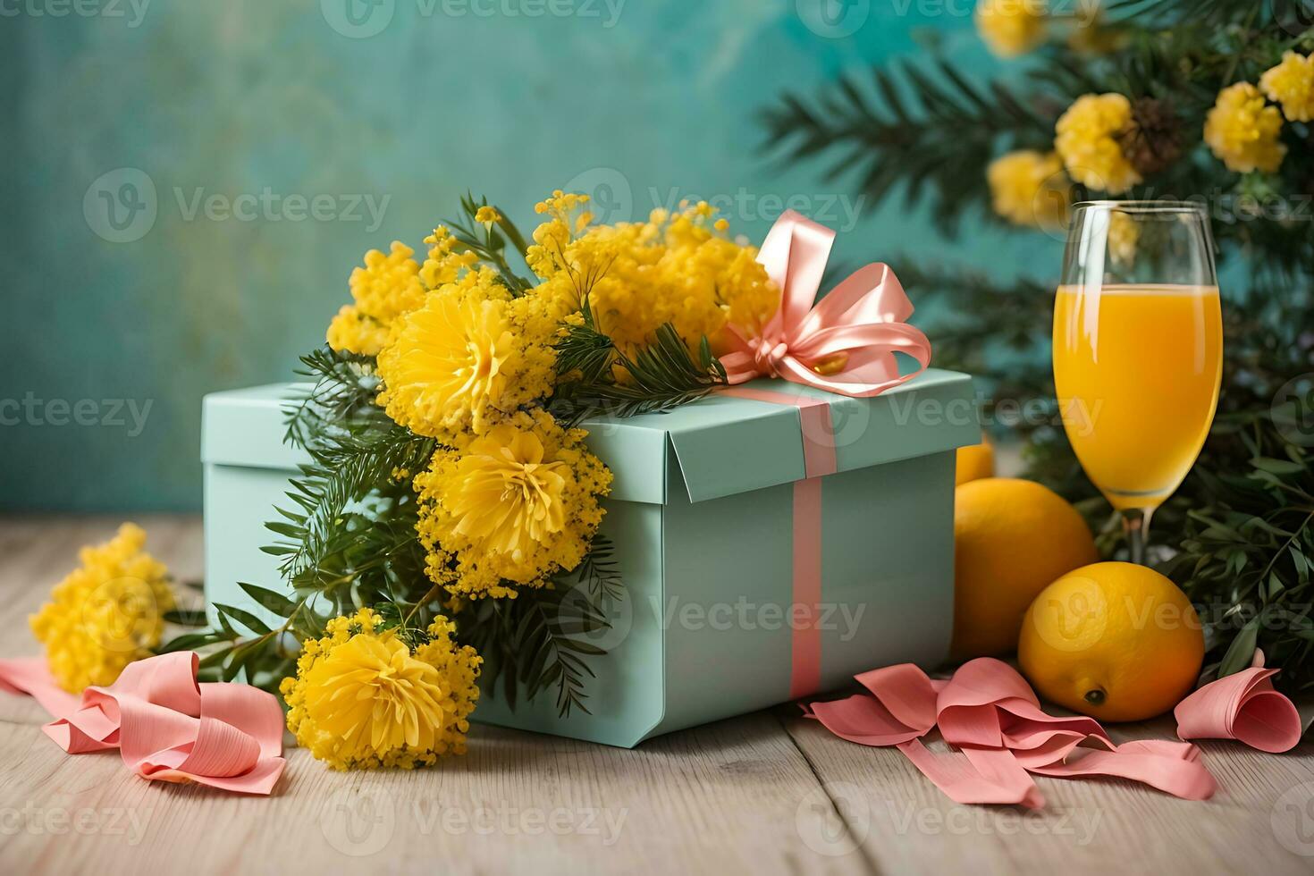 AI generated Gift box with a bouquet of mimosa. Vintage greeting card for International Women's Day, Mother's Day, Valentine's Day, Birthday photo