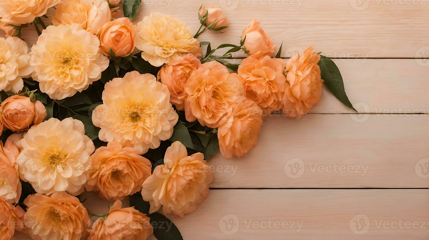 AI generated Delicate, versatile floral frame of peach roses on a light peach background. Composition with copy space. Flat lay photo