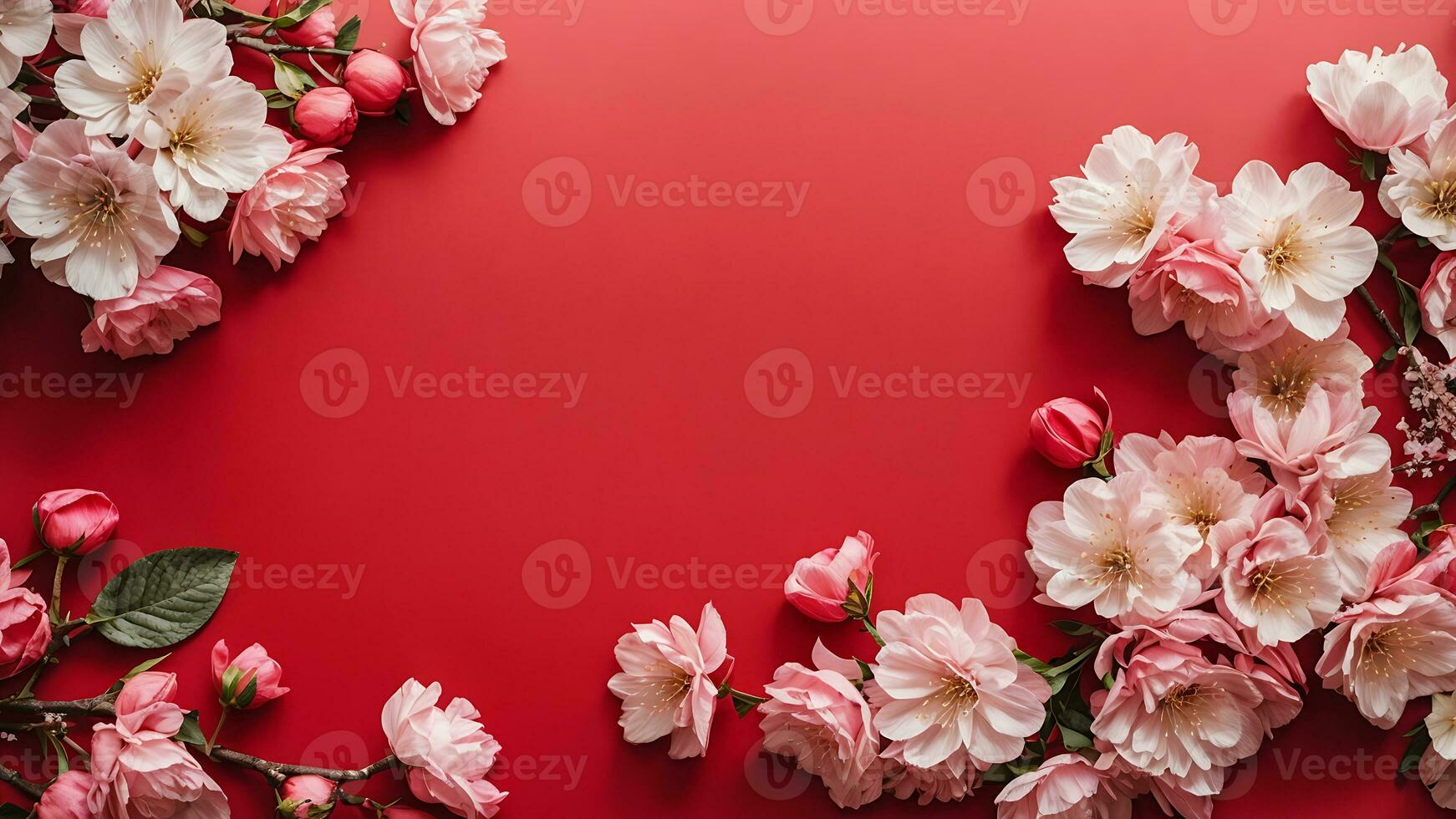 AI generated Banner with cherry blossom on red background. Greeting card template for Wedding, mothers or womans day. Springtime composition with copy space. Flat lay style photo