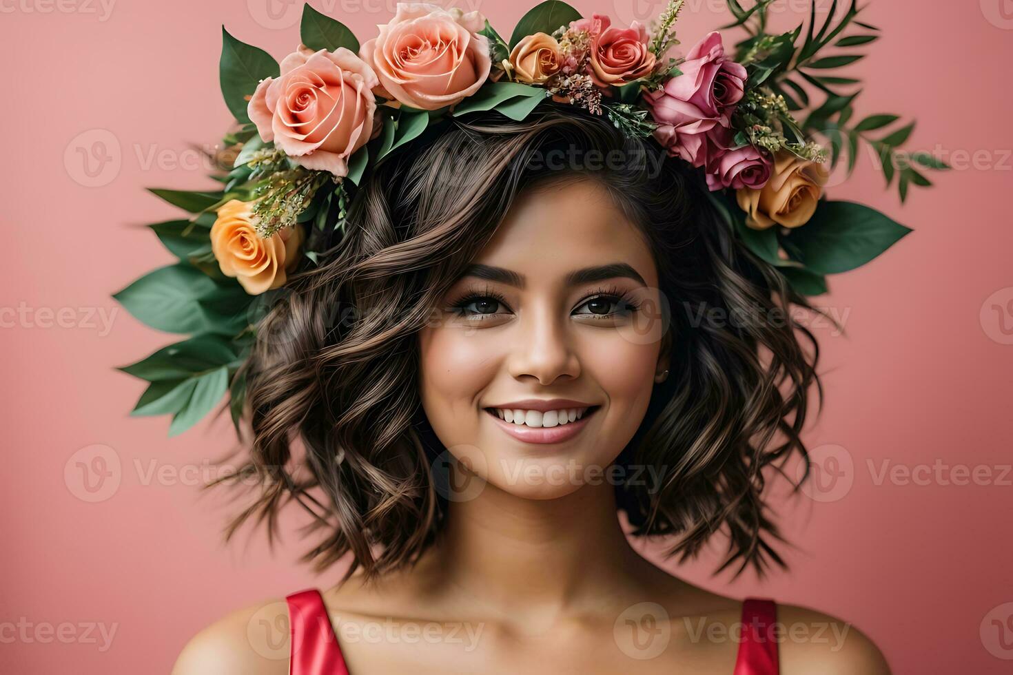 AI generated Portrait of a beautiful woman with a flower wreath on a pink background photo