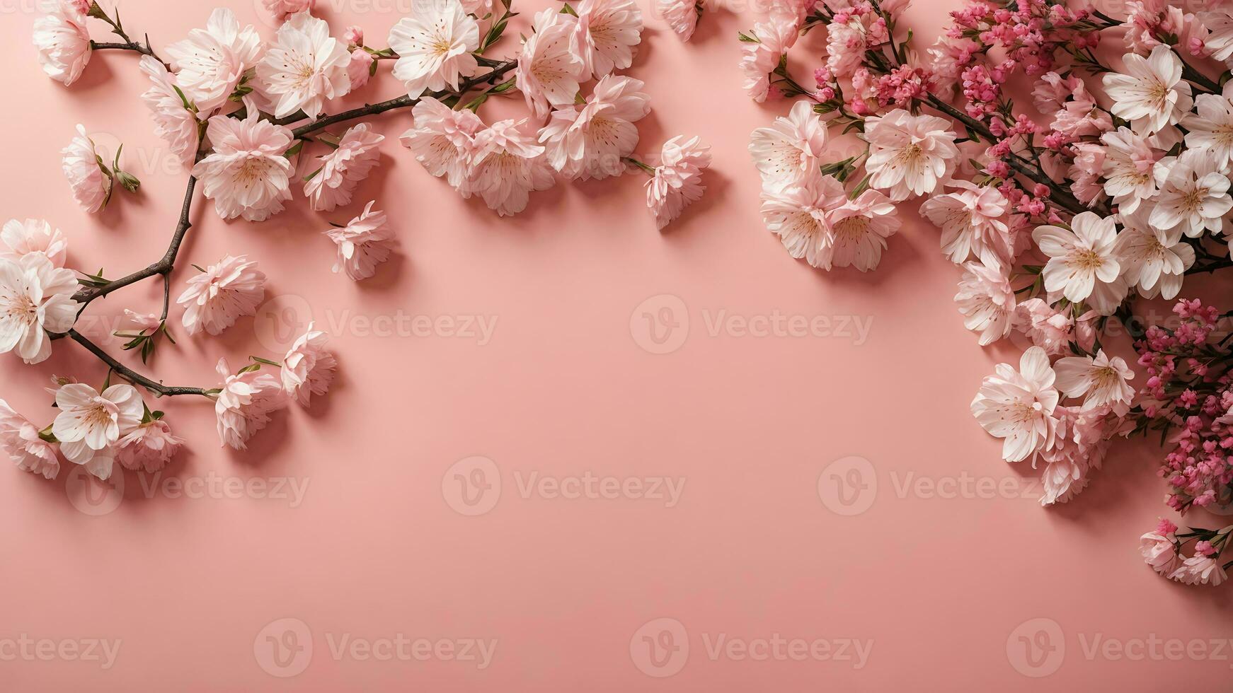 AI generated Banner with cherry blossom on light pink background. Greeting card template for Wedding, mothers or womans day. Springtime composition with copy space. Flat lay style photo