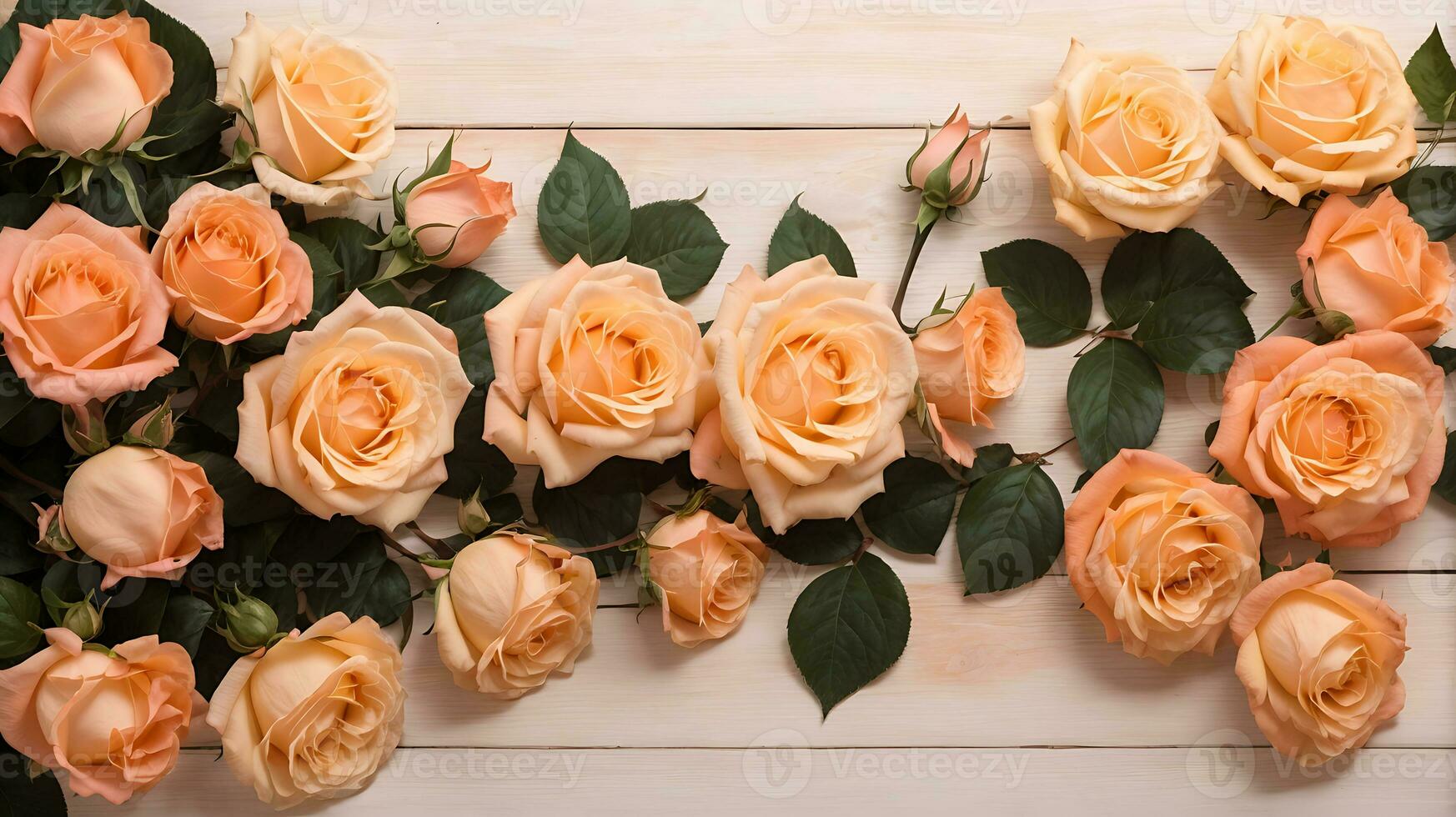 AI generated Delicate floral arrangement of peach roses on a light peach wooden background. Top view. Flat lay photo