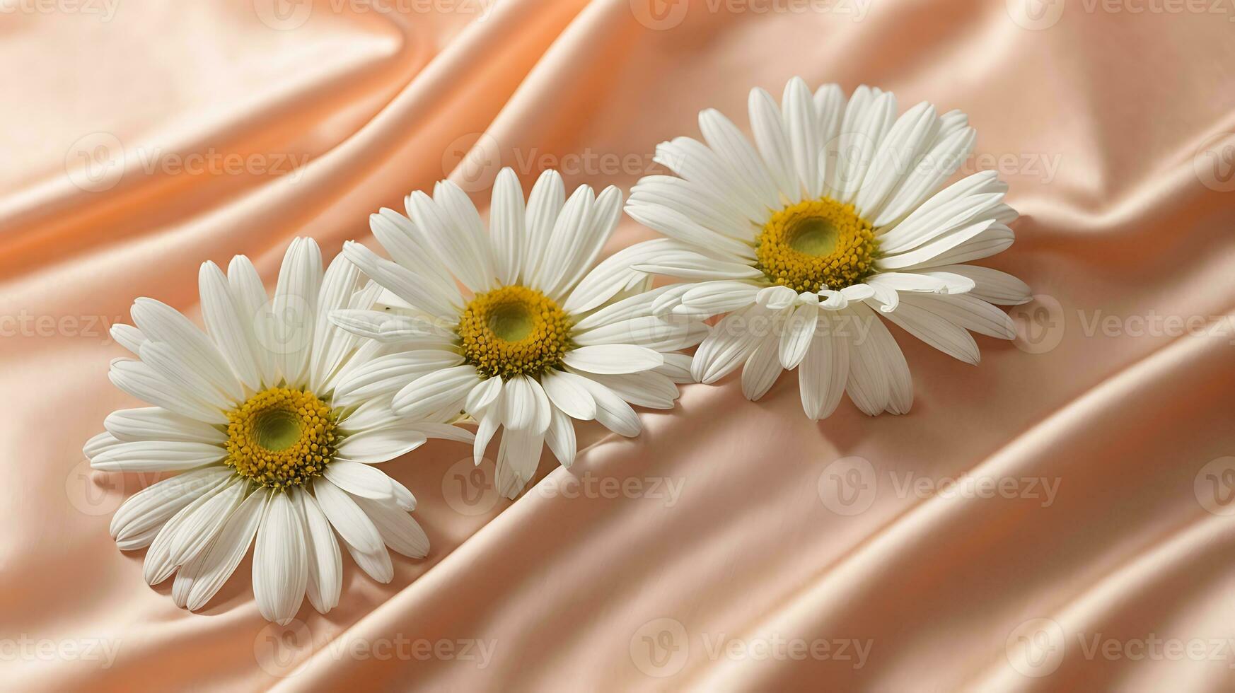 AI generated White daisy flowers on peach silky fabric photo