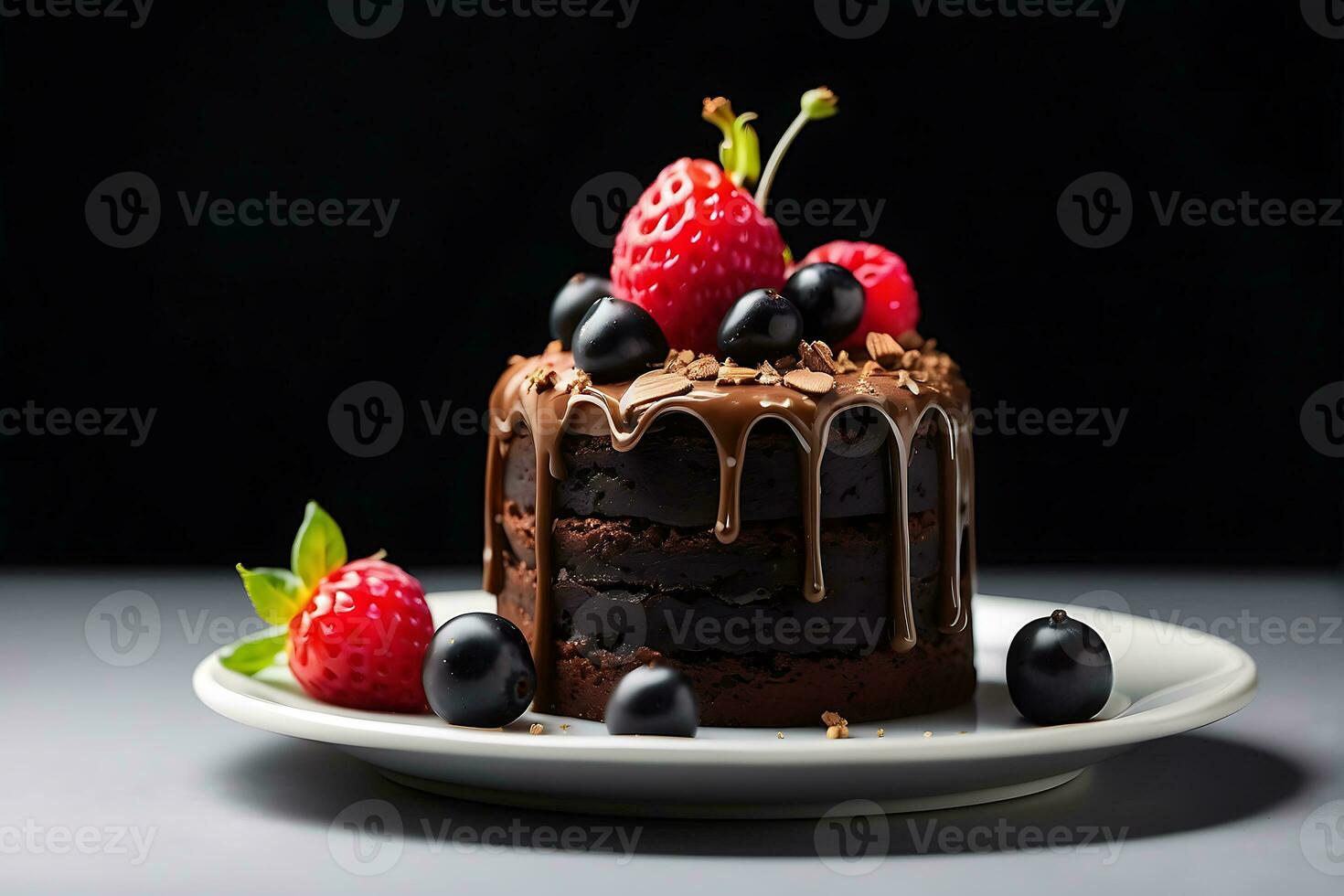 AI generated Small chocolate cake with strawberries and currants on a white plate. Studio photo close up