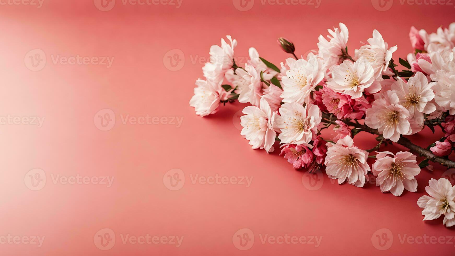 AI generated Banner with cherry blossom on pink background. Greeting card template for Wedding, mothers or womans day. Springtime composition with copy space. Flat lay style photo