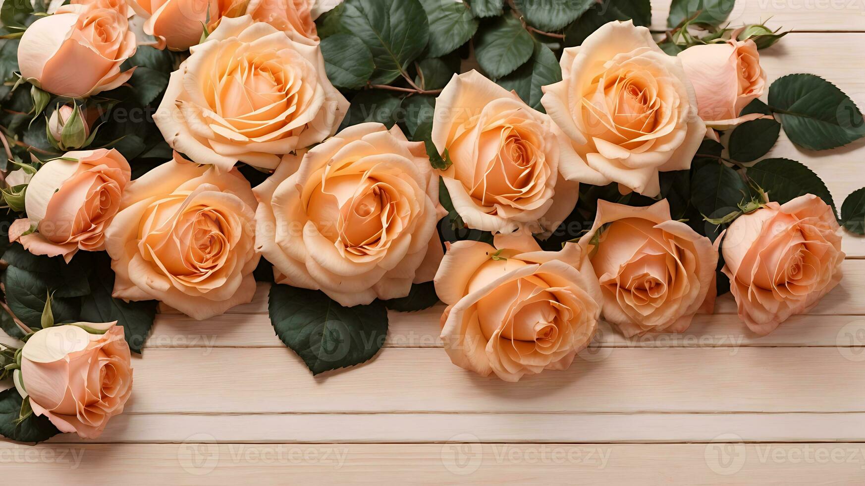 AI generated Delicate, versatile floral frame of peach roses on a light peach background. Composition with copy space. Flat lay photo