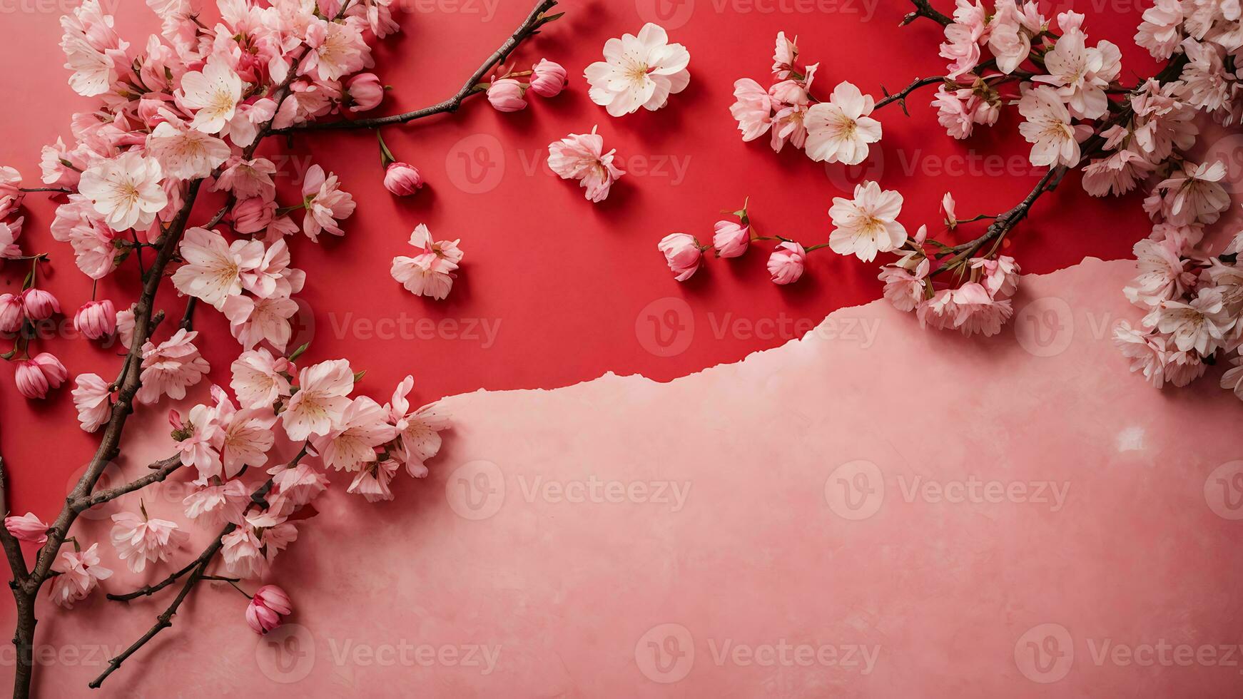 AI generated Banner with cherry blossom on red background. Greeting card template for Wedding, mothers or womans day. Springtime composition with copy space. Flat lay style photo