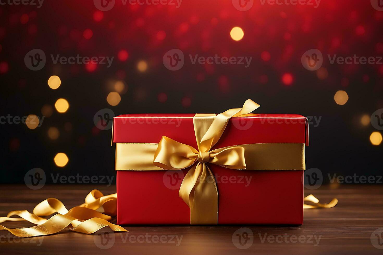 AI generated Elegant red gift box with golden ribbon on a red background with golden bokeh photo
