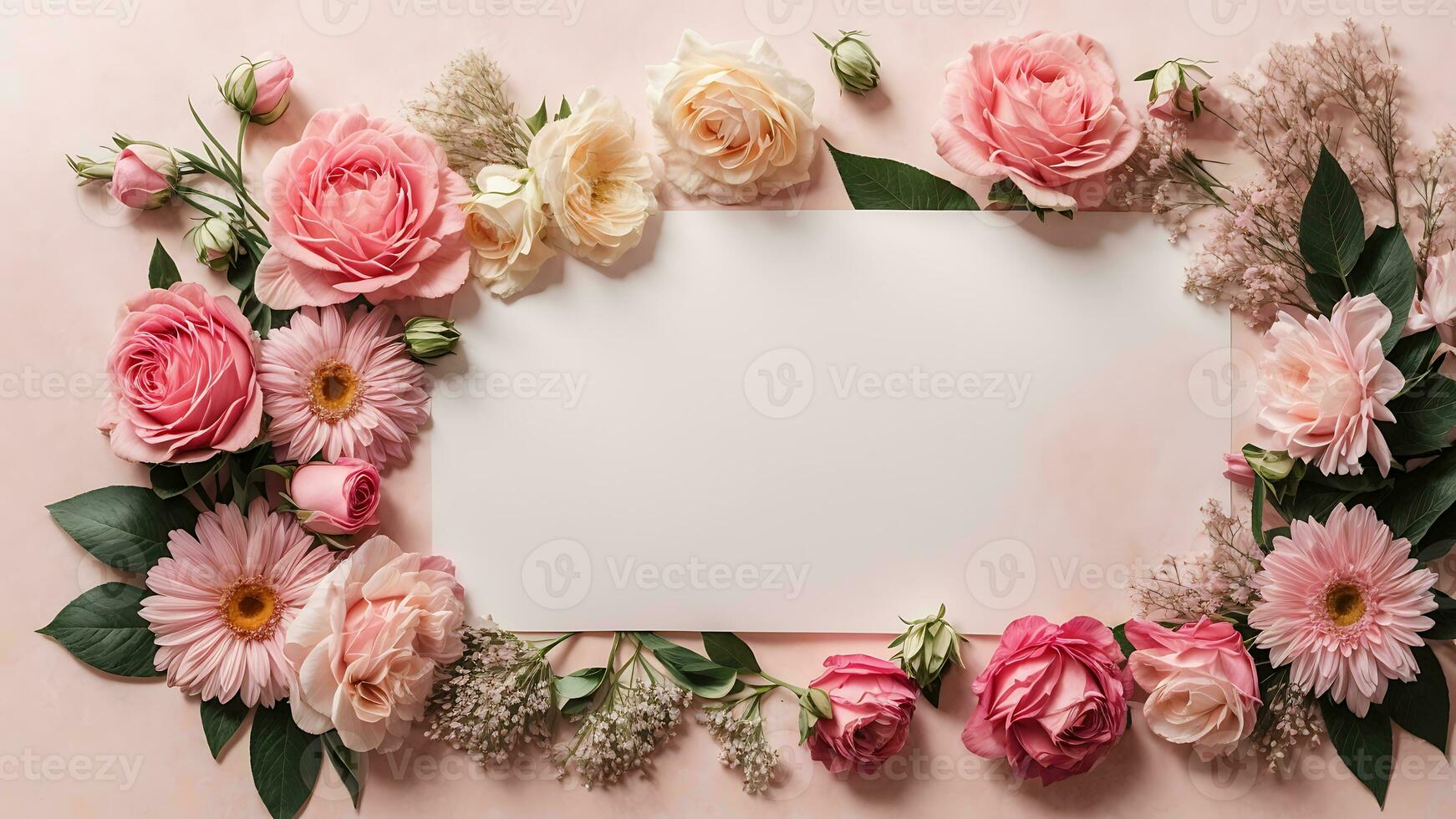 AI generated Postcard template with copy space. Floral arrangement with roses and gerberas photo