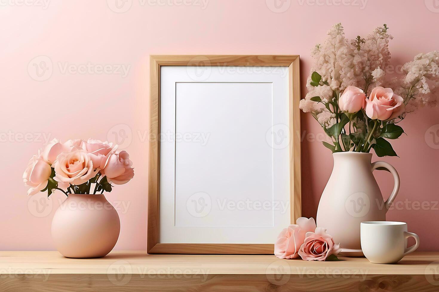 AI generated Empty wooden picture frame mockup on light pink wall background. Boho shaped vase, dry flowers on table. Cup of coffee. Working space, home office. Art, poster display photo