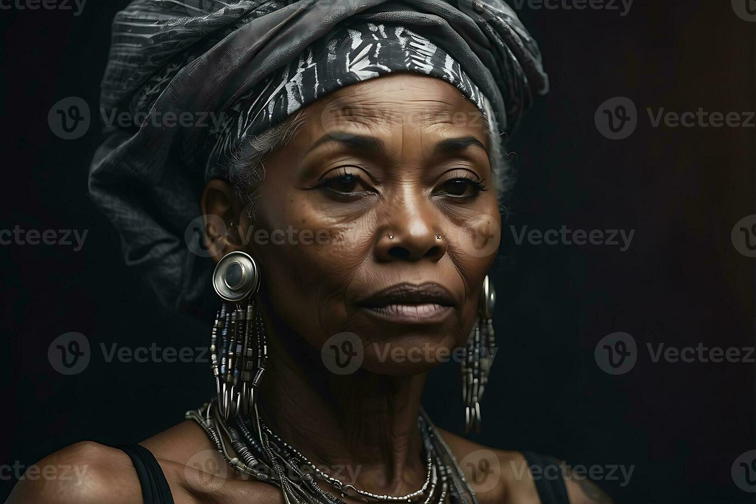 AI generated Portrait older Black African American woman with futuristic aesthetic and piercings. Muted colors photo