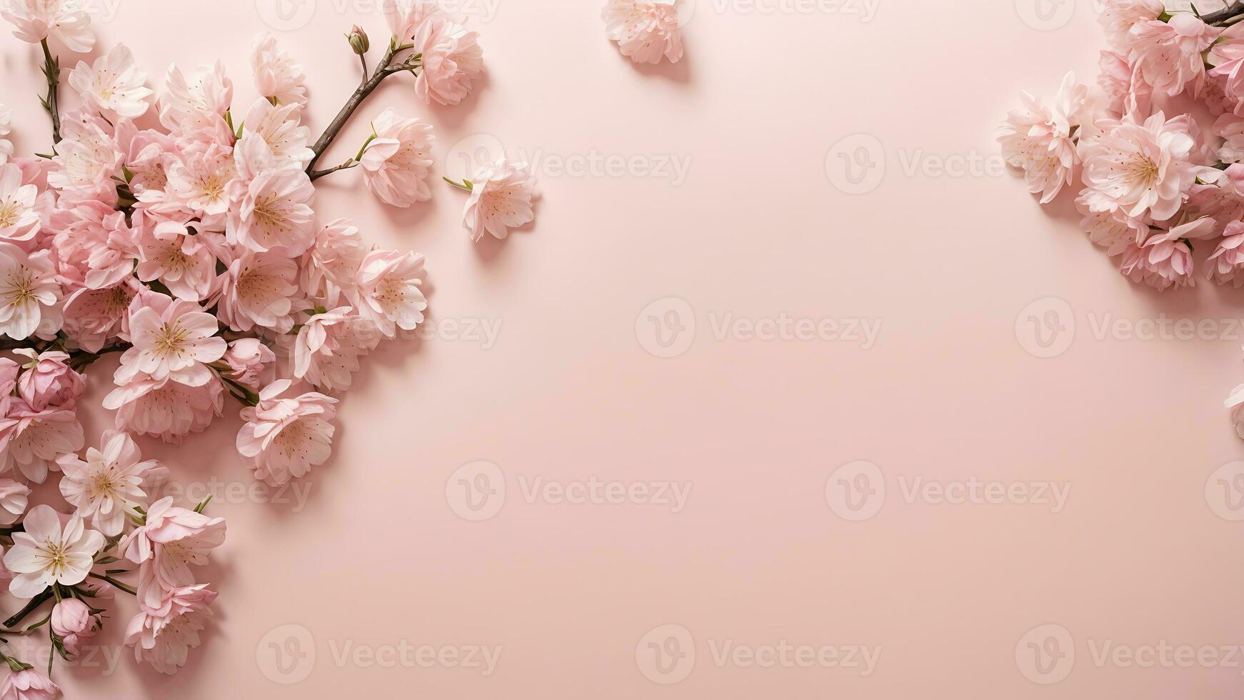 AI generated Banner with cherry blossom on light pink background. Greeting card template for Wedding, mothers or womans day. Springtime composition with copy space. Flat lay style photo