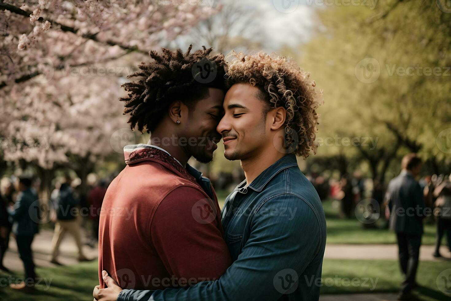 AI generated Gay couple hugging in the park photo