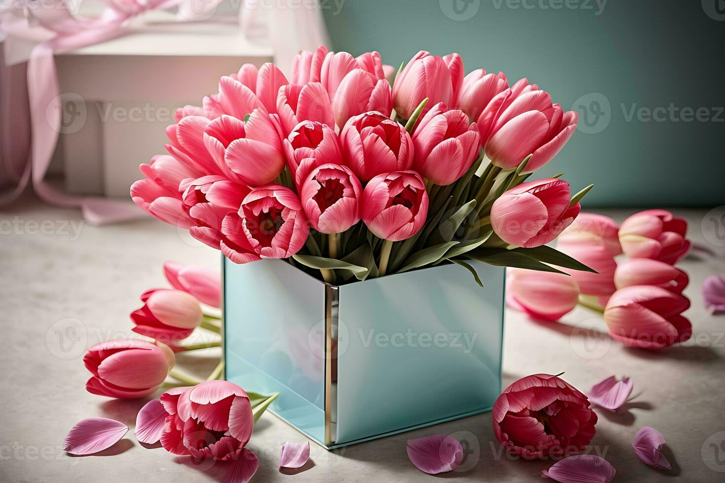 ai generado regalo caja con un ramo de flores de rosado tulipanes saludo tarjeta para internacional De las mujeres día, de la madre día, San Valentín día, cumpleaños foto