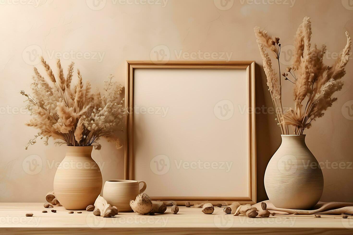 AI generated Empty wooden picture frame mockup on light beige wall background. Boho shaped vase, dry flowers on table. Cup of coffee. Working space, home office. Art, poster display photo