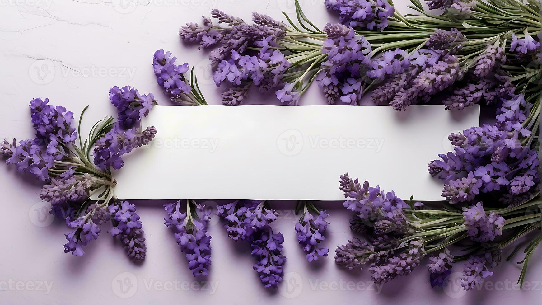 AI generated Lavender flower arrangement on a light background with copy space. Flat lay photo